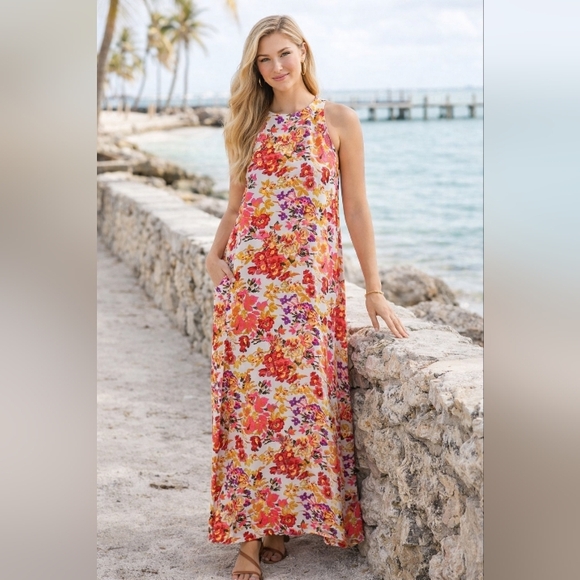 NATURAL LIFE Dresses & Skirts - Natural Life Floral Maxi Dress Rayon Sleevless Halter Boho Summer Pockets M